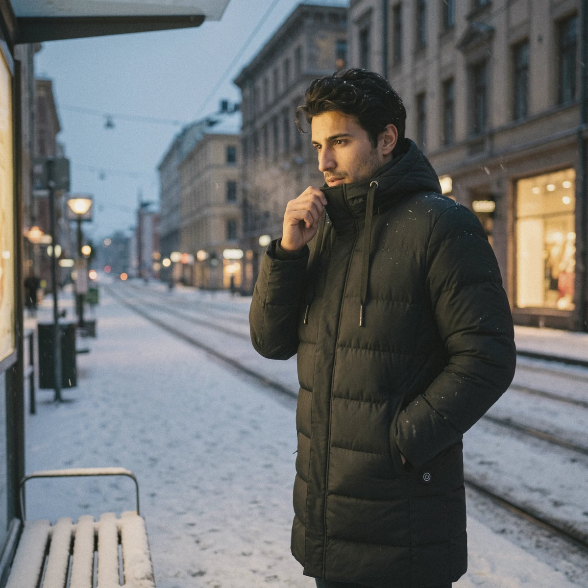 Homme en parka chauffante longue noire qui remonte son col à un arrêt de tram sous la neige