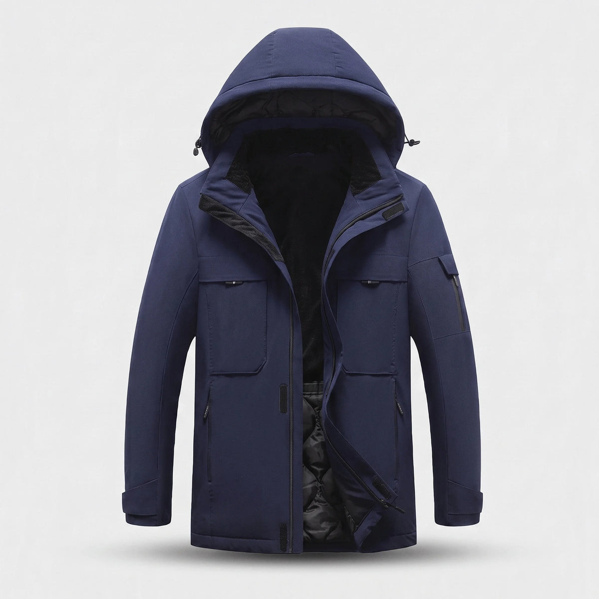 Parka chauffante courte bleu marine vue de face : col doublé de peluche, deux poches de poitrine à rabat