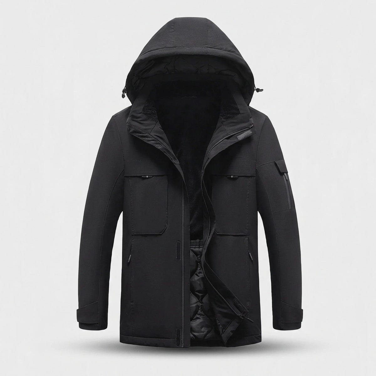 Parka chauffante courte noire vue de face : col doublé de peluche, deux poches de poitrine à rabat