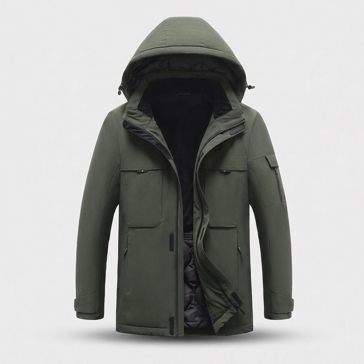 Parka chauffante courte vert olive vue de face : col doublé de peluche, deux poches de poitrine à rabat