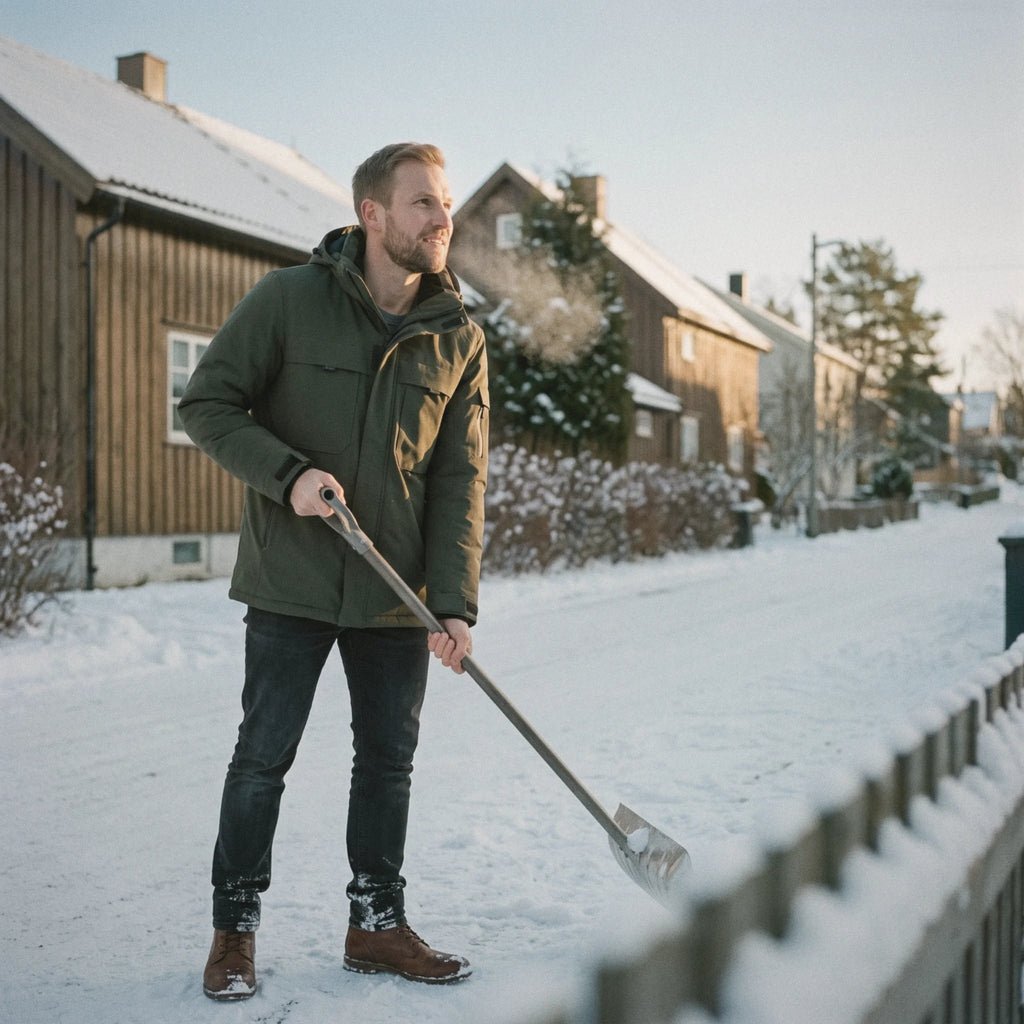 Homme en parka chauffante vert olive qui déneige devant sa maison un matin d'hiver