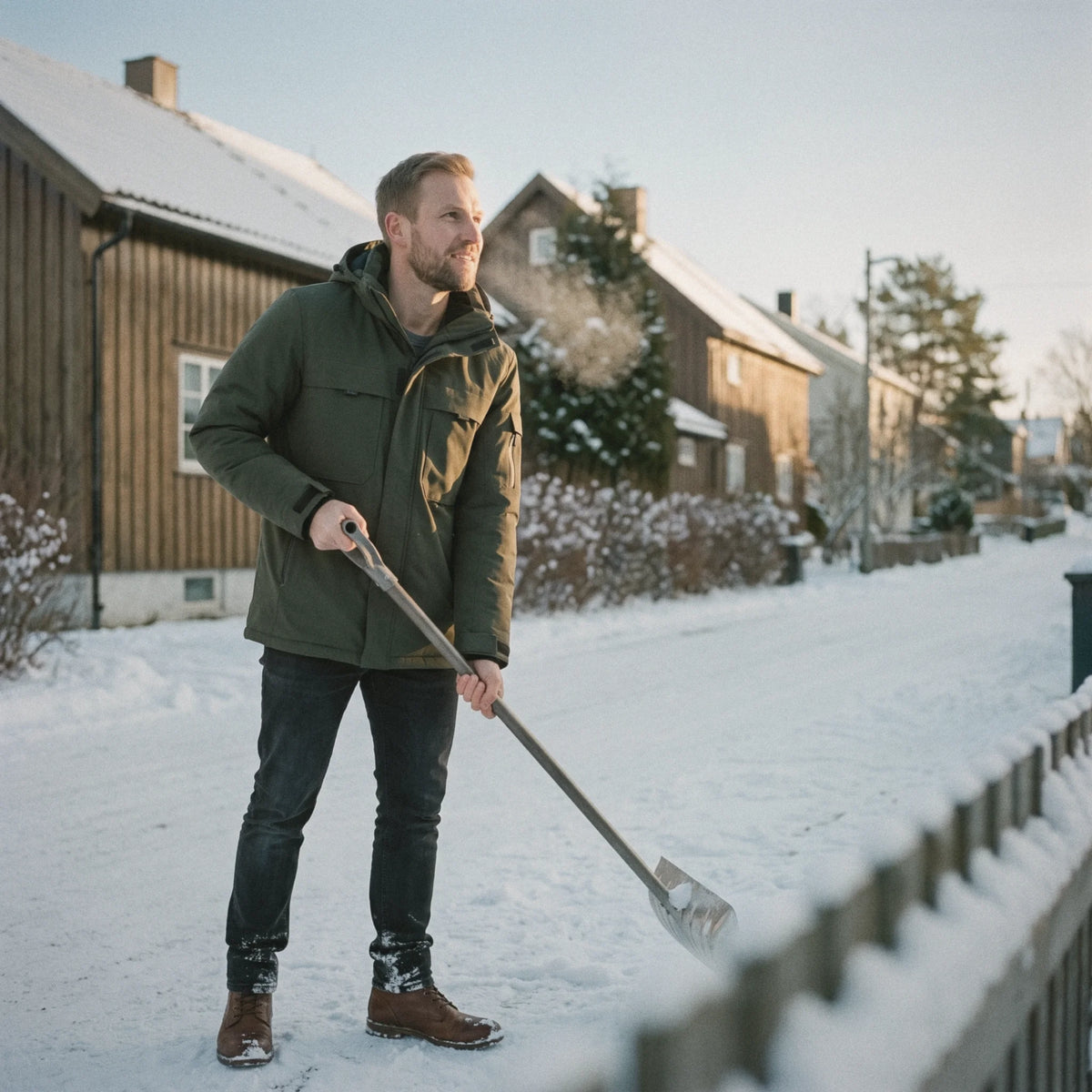 Homme en parka chauffante vert olive qui déneige devant sa maison un matin d'hiver