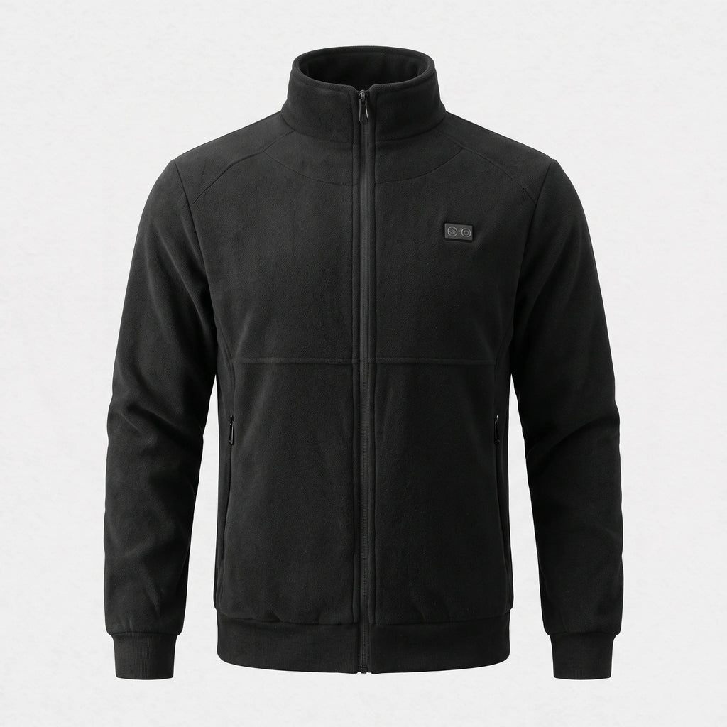 Veste polaire chauffante noire vue de face : col montant, deux poches zippées, commande sur la poitrine