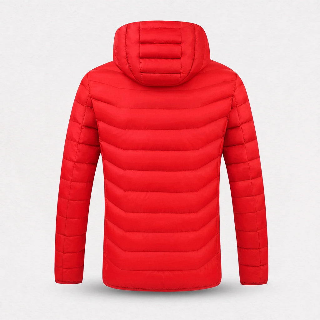 Dos de la doudoune chauffante rouge avec sa capuche