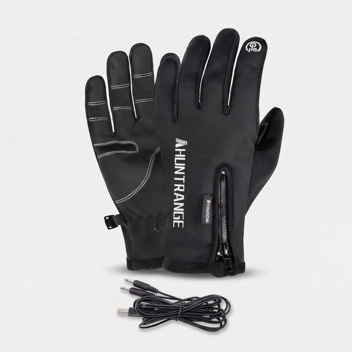 Gants chauffants fins noirs vus de dos et de paume, avec leur câble USB en Y