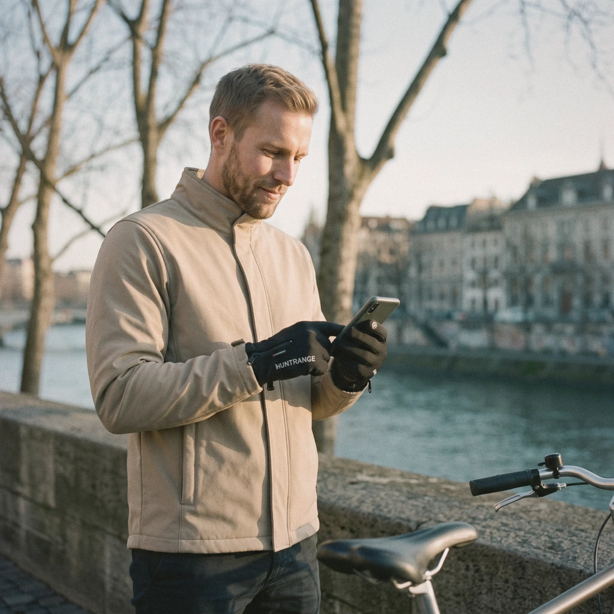 Homme qui utilise son téléphone sans retirer ses gants chauffants, au bord d'une rivière