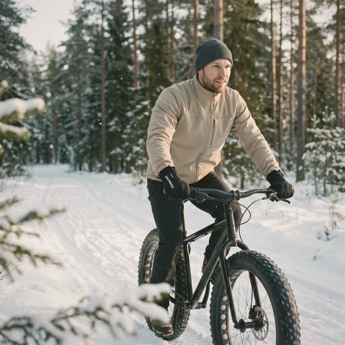 Homme à vélo sur un chemin enneigé en forêt, gants chauffants fins aux mains