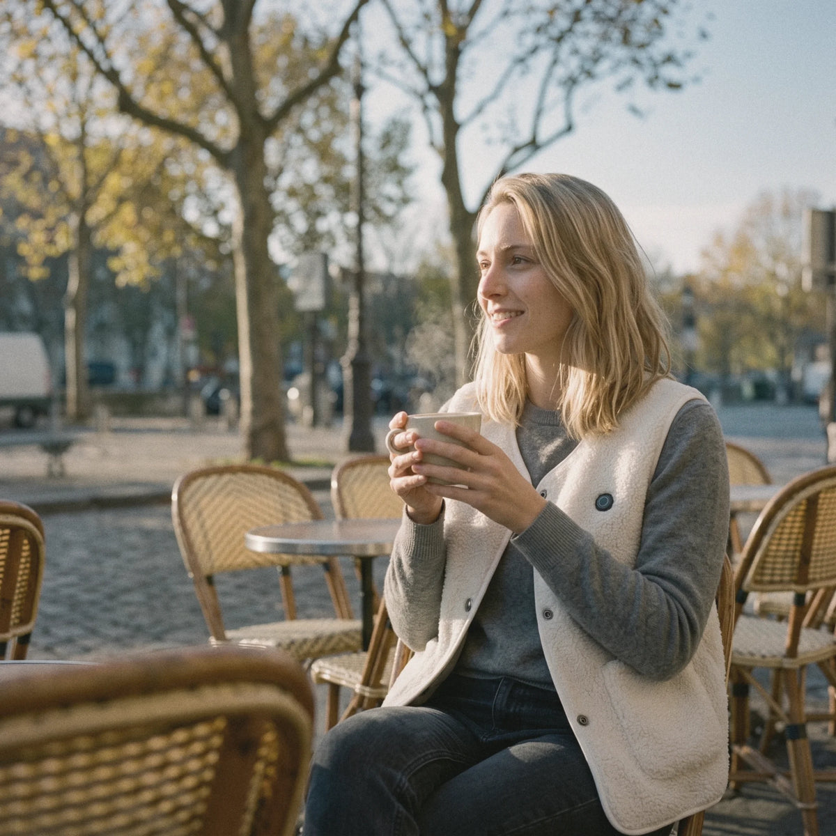 Femme en gilet chauffant sherpa blanc à une terrasse de café en automne