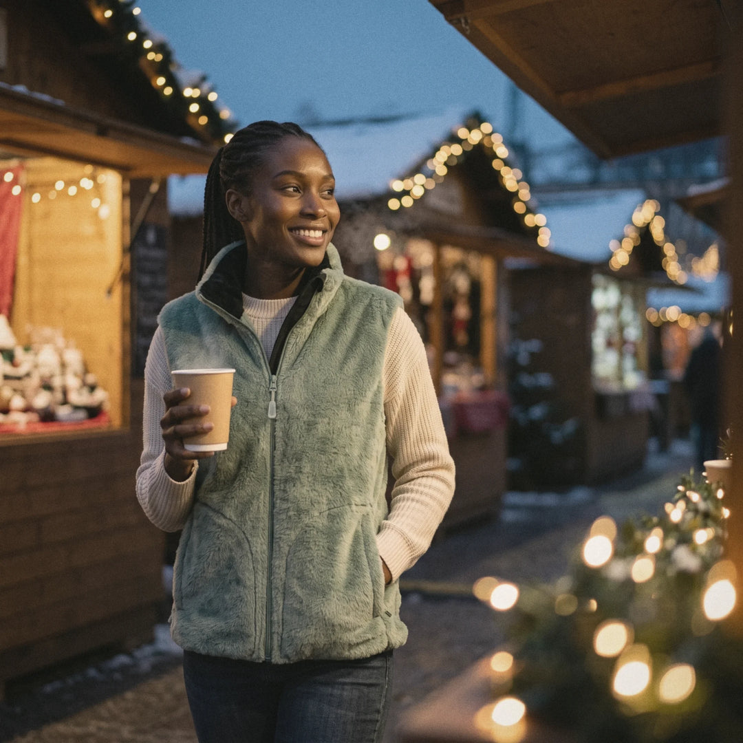 Femme en gilet chauffant en peluche vert sauge sur un marché de Noël, une boisson chaude à la main