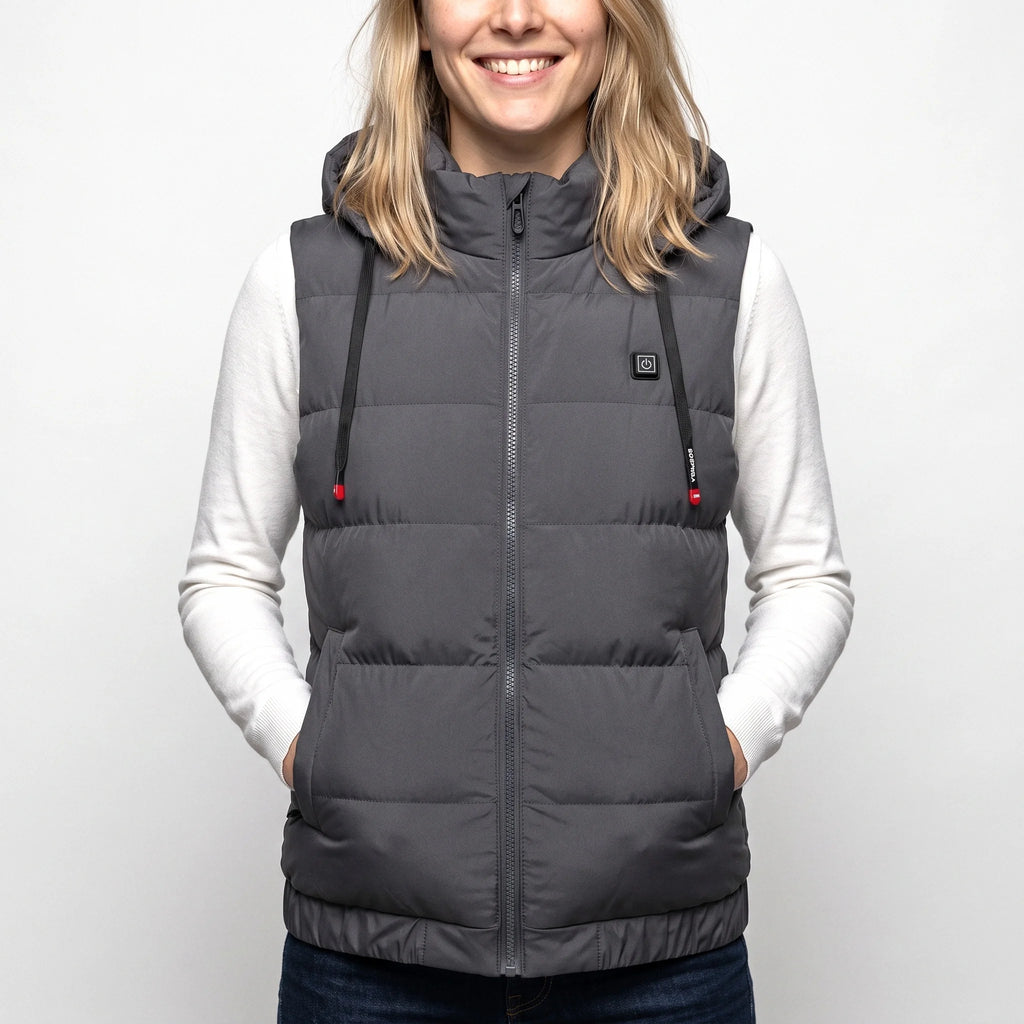 Gilet chauffant matelassé gris anthracite à capuche porté par une femme souriante
