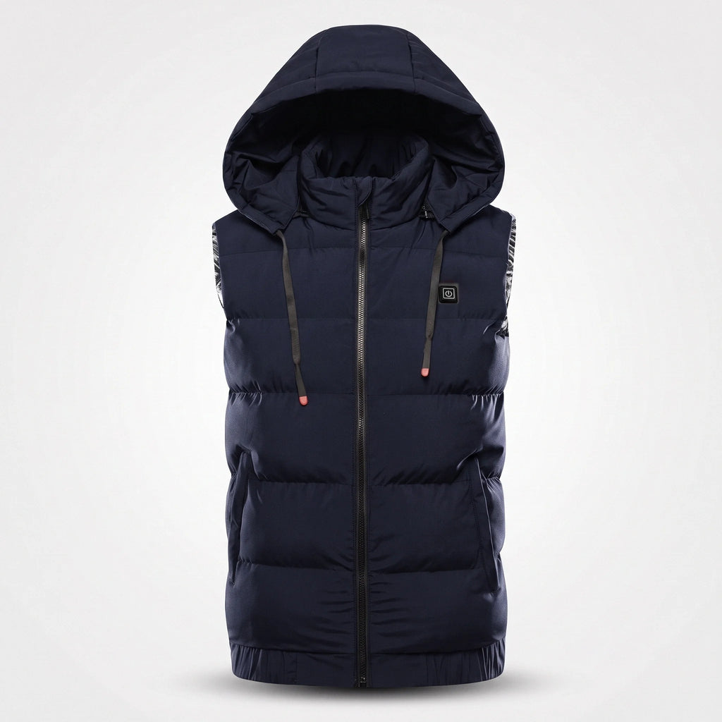 Gilet chauffant matelassé bleu marine vu de face : capuche à cordons, bouton de chauffe