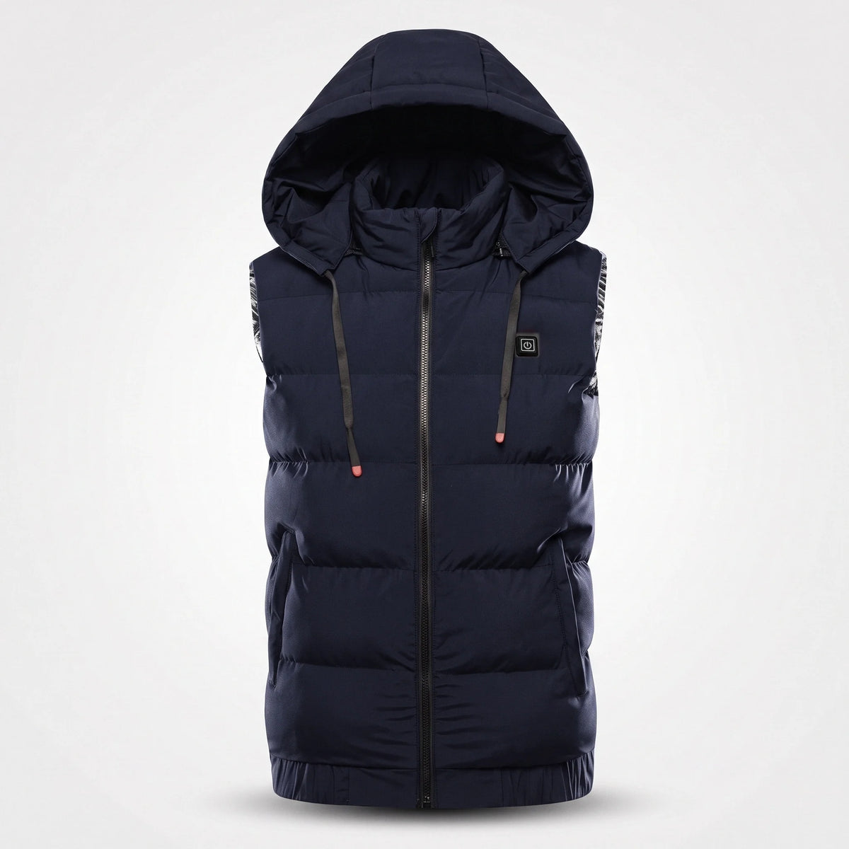 Gilet chauffant matelassé bleu marine vu de face : capuche à cordons, bouton de chauffe