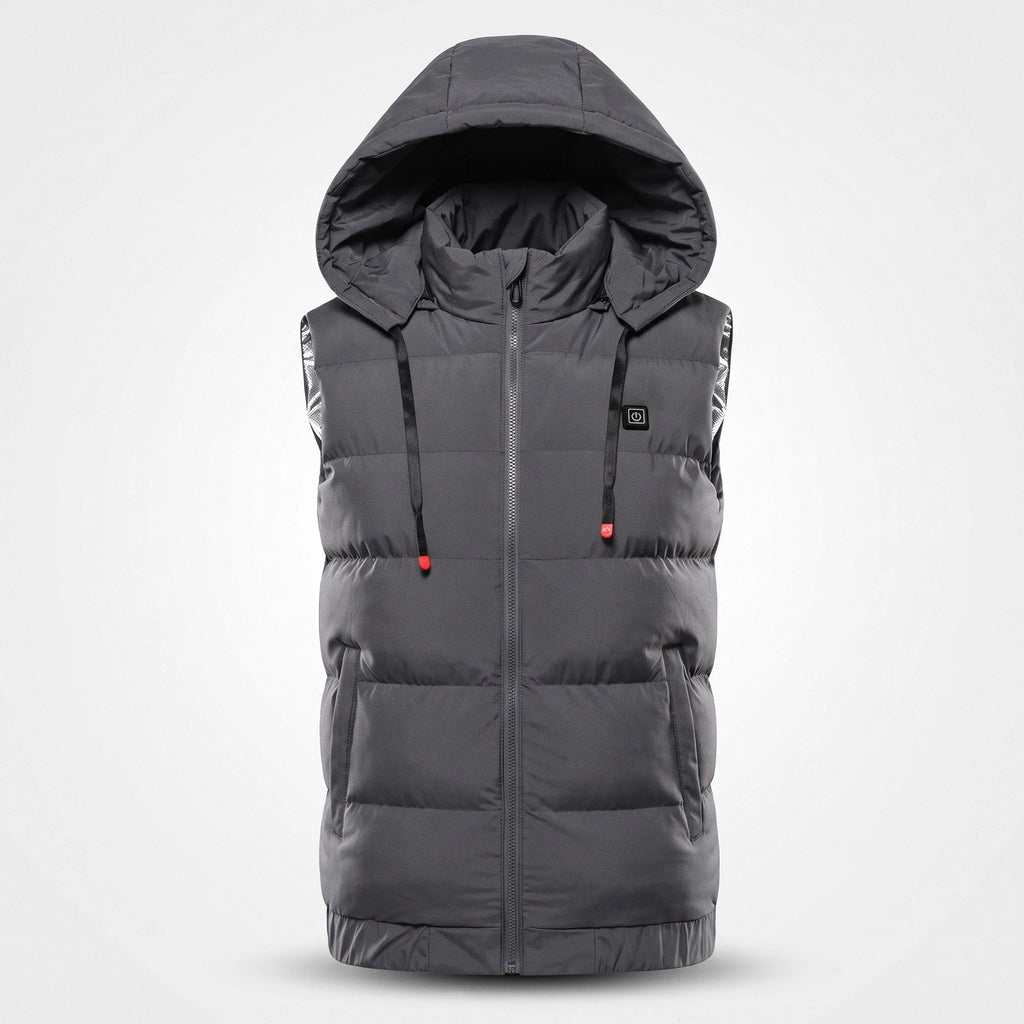Gilet chauffant matelassé gris anthracite vu de face : capuche à cordons, bouton de chauffe