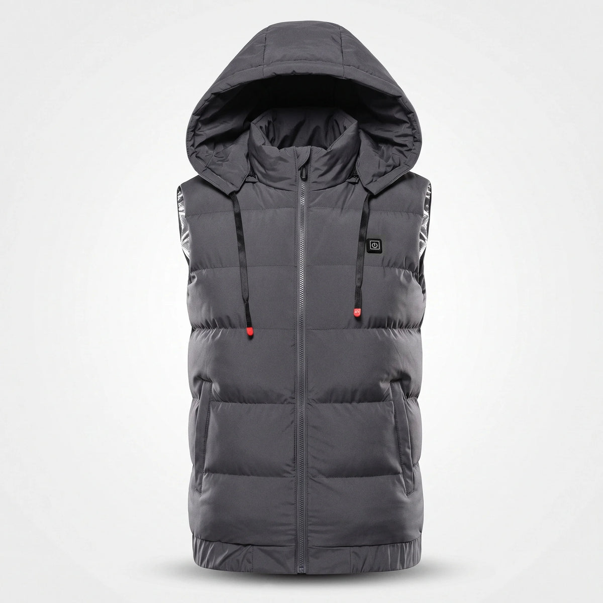 Gilet chauffant matelassé gris anthracite vu de face : capuche à cordons, bouton de chauffe