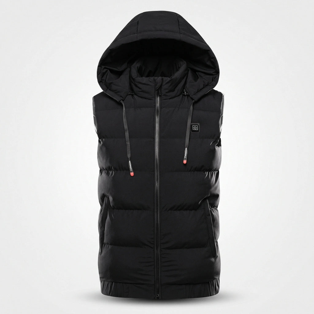 Gilet chauffant matelassé noir vu de face : capuche à cordons, bouton de chauffe sur la poitrine