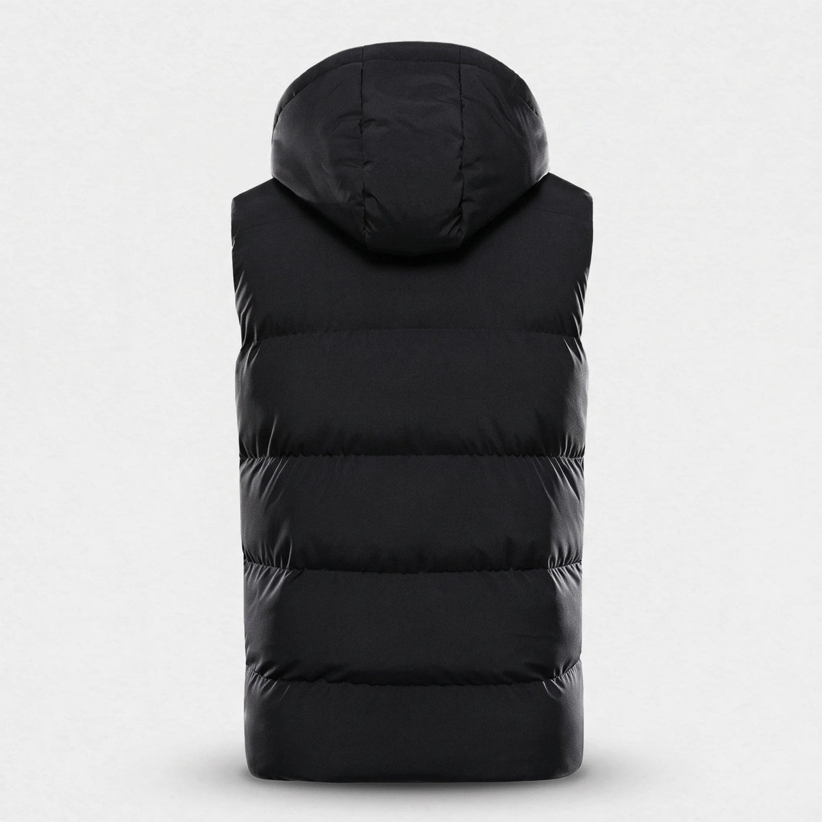 Dos du gilet chauffant matelassé noir avec sa capuche