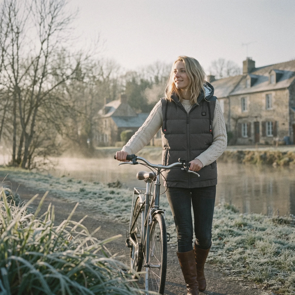 Femme en gilet chauffant gris anthracite qui pousse son vélo au bord d'une rivière en hiver