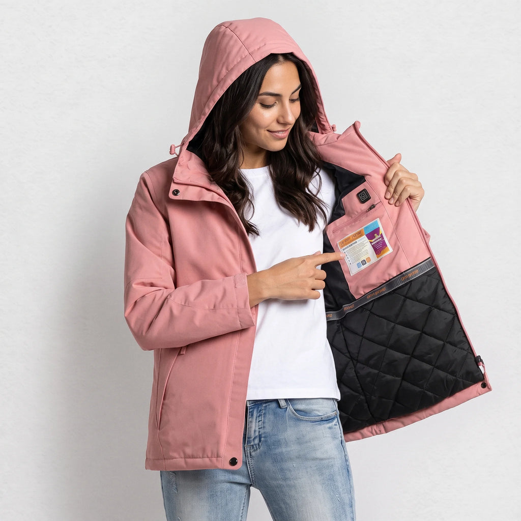 Veste chauffante femme vieux rose ouverte : doublure matelassée et bouton de chauffe intérieur