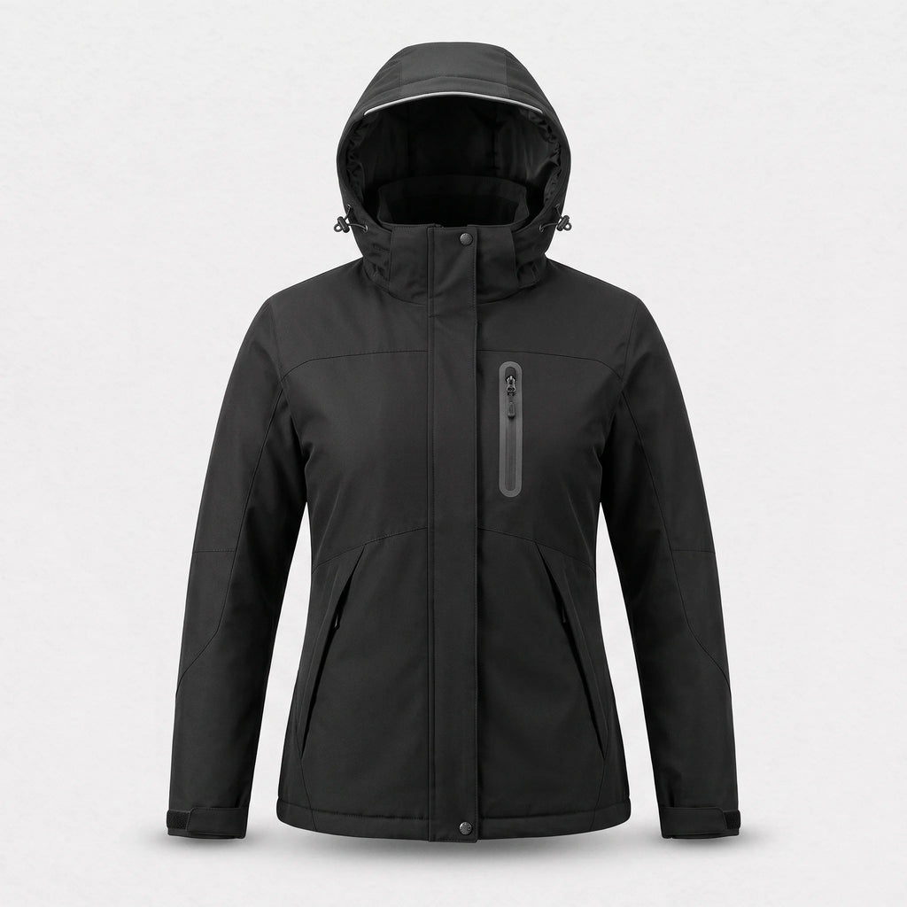 Veste chauffante femme noire vue de face : capuche réglable, poche de poitrine zippée, deux poches basses