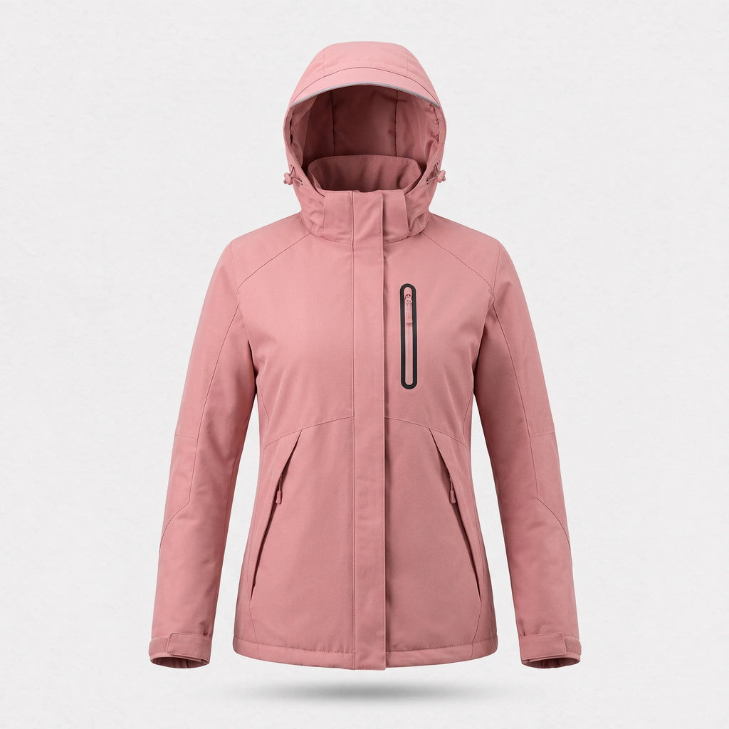 Veste chauffante femme vieux rose vue de face : capuche réglable, poche de poitrine zippée, deux poches basses
