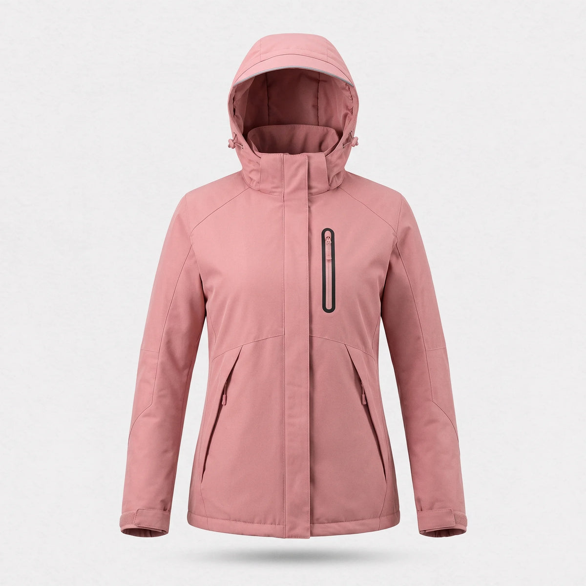 Veste chauffante femme vieux rose vue de face : capuche réglable, poche de poitrine zippée, deux poches basses