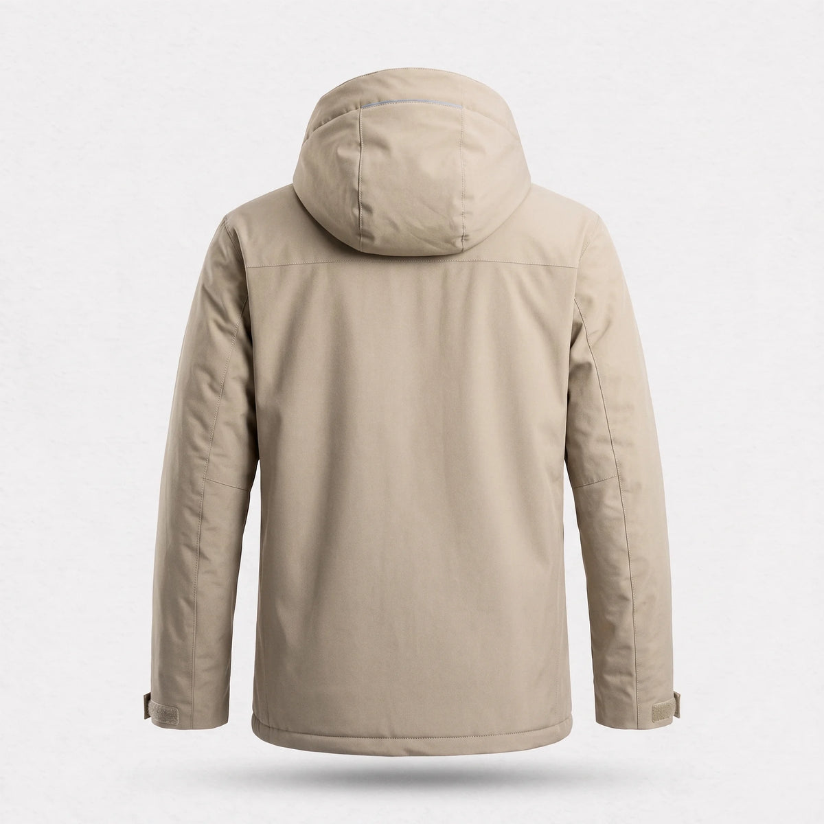 Dos de la veste chauffante femme sable, ligne réfléchissante au dos de la capuche