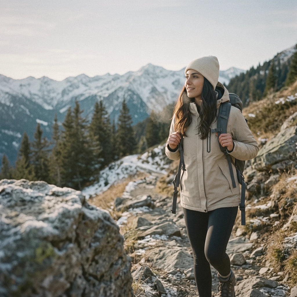 Femme en veste chauffante sable en randonnée sur un sentier de montagne enneigé