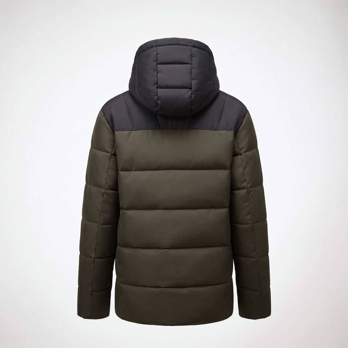 Dos de la doudoune chauffante vert olive et noir, capuche relevée