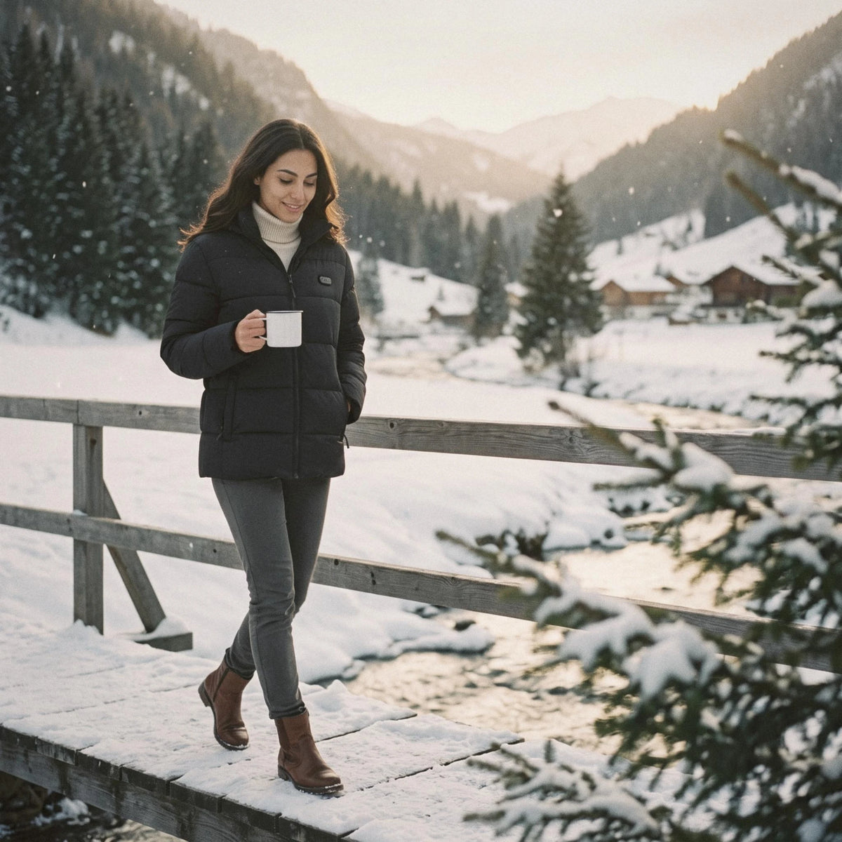 Femme en doudoune chauffante noire sur une passerelle enneigée, une tasse à la main