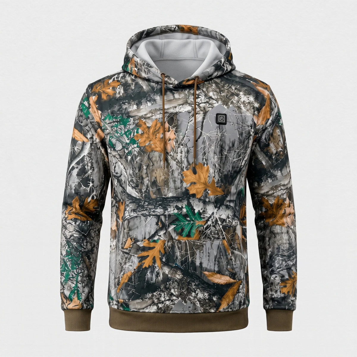 Sweat à capuche chauffant camouflage vu de face : capuche doublée, poche kangourou, bouton sur la poitrine