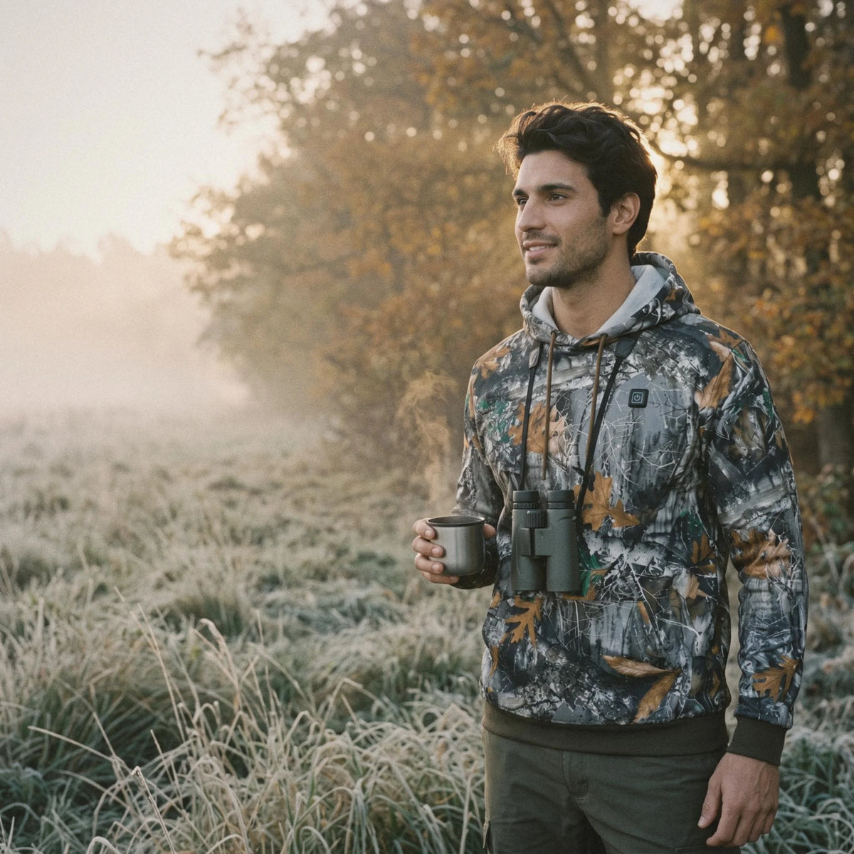 Homme en sweat chauffant camouflage en lisière de forêt à l'aube, une tasse à la main
