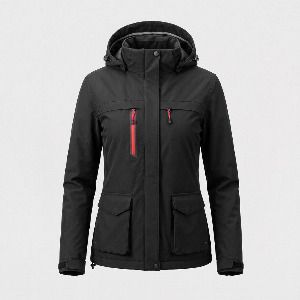 Veste de ski chauffante femme noire vue de face : capuche, poches de poitrine zippées, poches à rabat