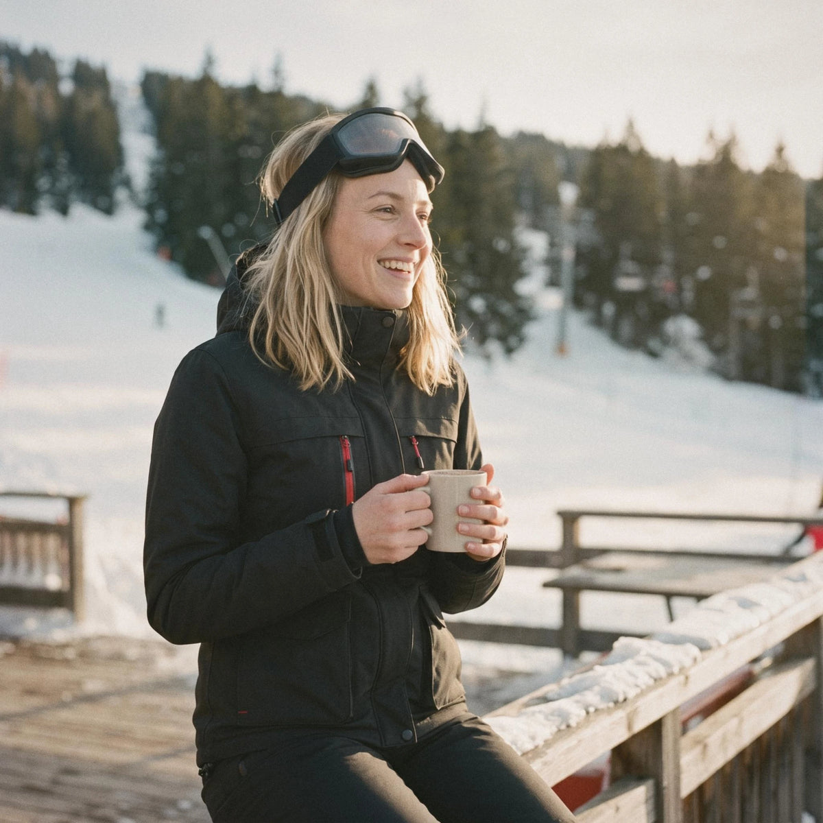 Femme en veste de ski chauffante noire sur la terrasse d'un restaurant d'altitude, une tasse à la main