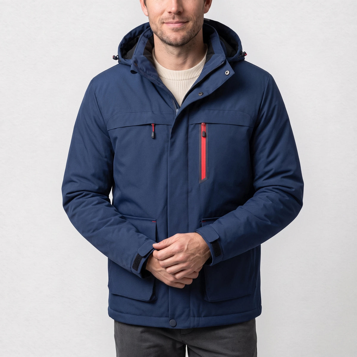 Veste de ski chauffante bleu marine portée par un homme souriant, les mains jointes