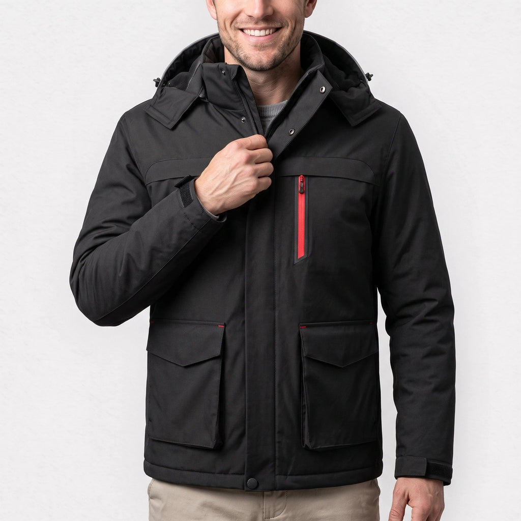 Veste de ski chauffante noire portée par un homme souriant, une main à la fermeture