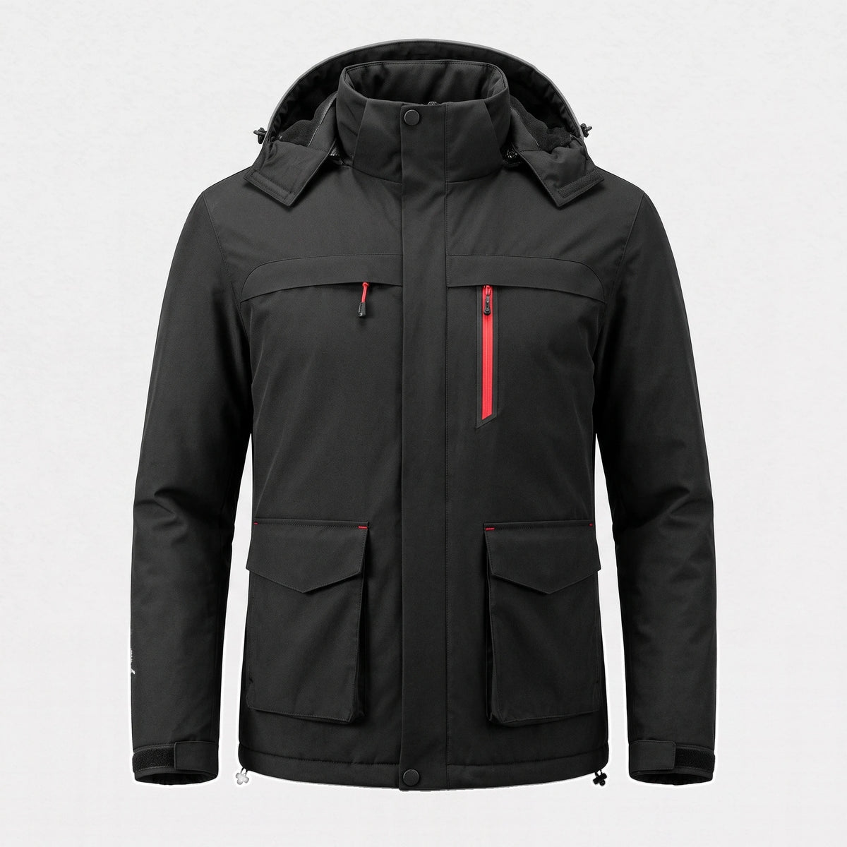 Veste de ski chauffante homme noire vue de face : capuche, poche de poitrine à zip rouge, poches à rabat
