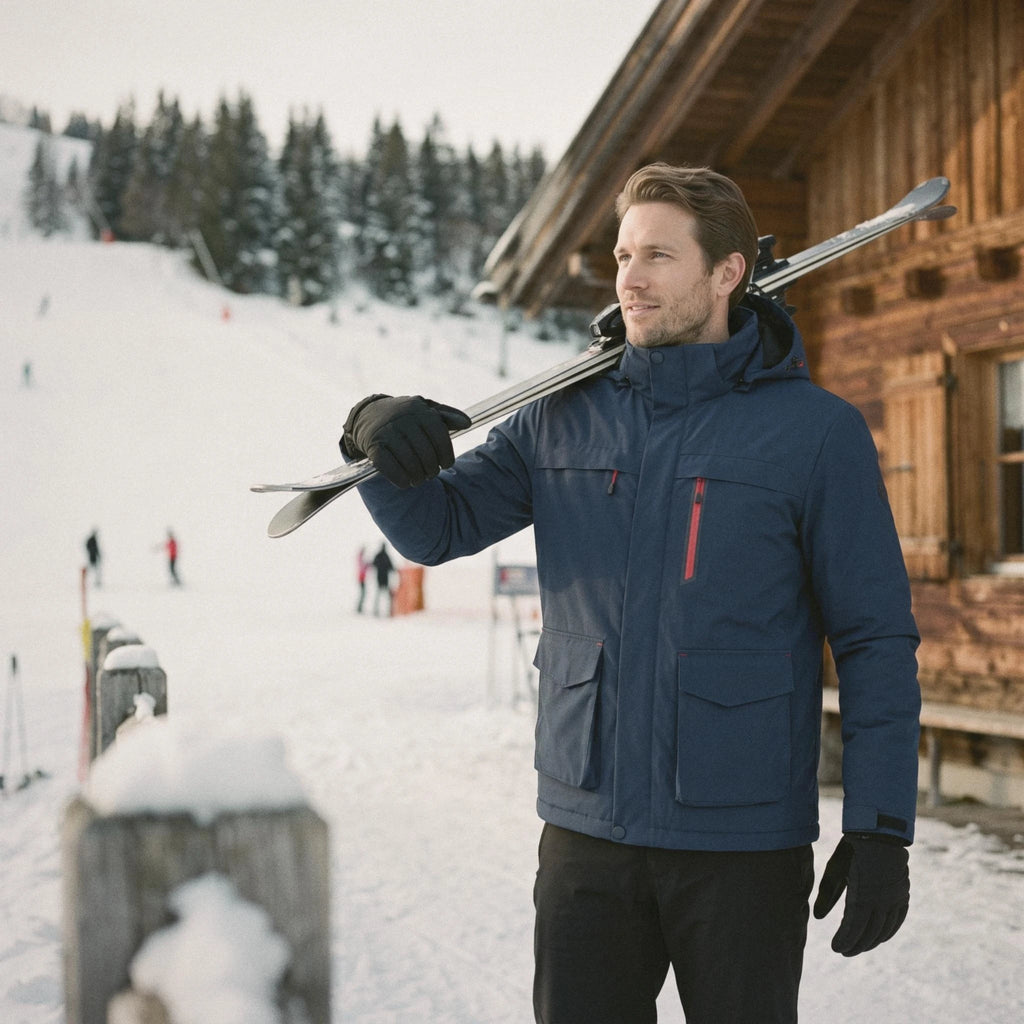 Homme en veste de ski chauffante bleu marine au pied des pistes, les skis sur l'épaule