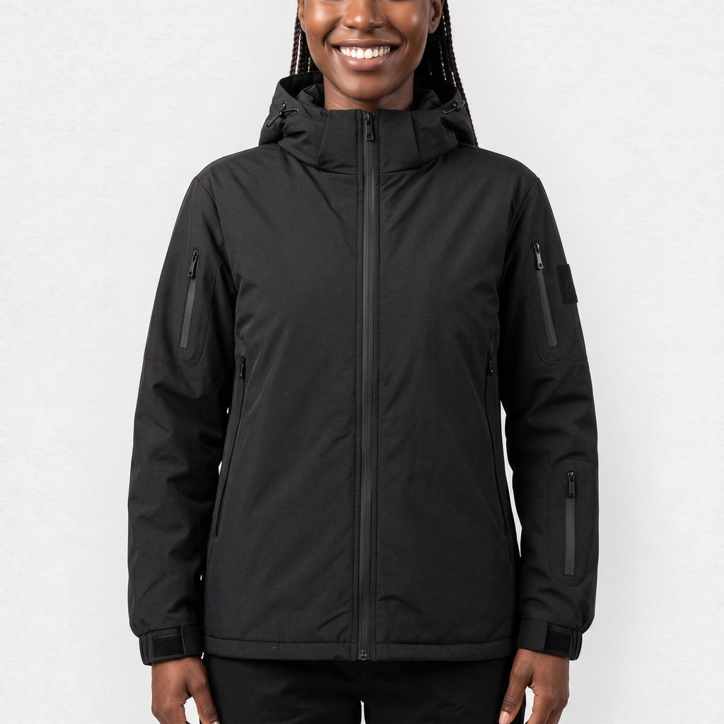 Veste chauffante noire à capuche portée par une femme souriante