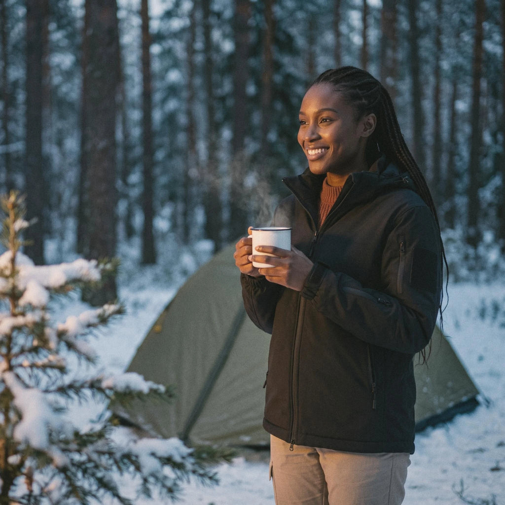 Femme en veste chauffante noire dans un camp en forêt enneigée, une tasse à la main