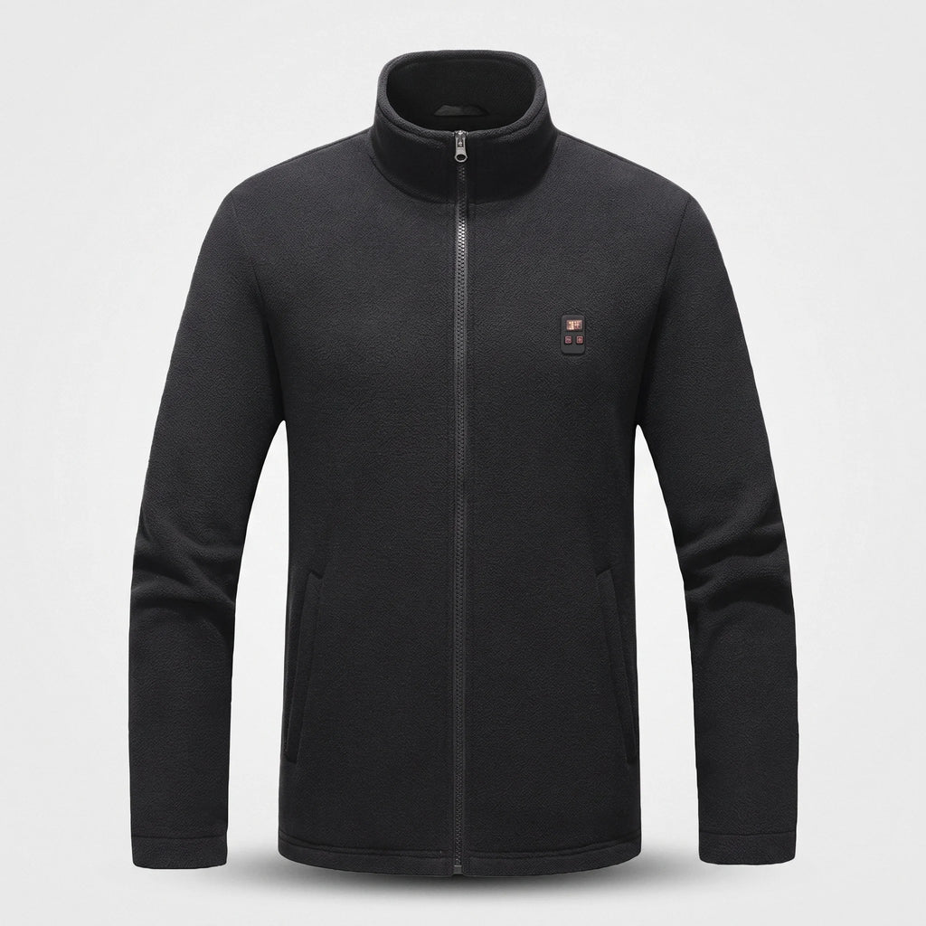 Veste polaire chauffante noire vue de face : col montant, boîtier à écran sur la poitrine