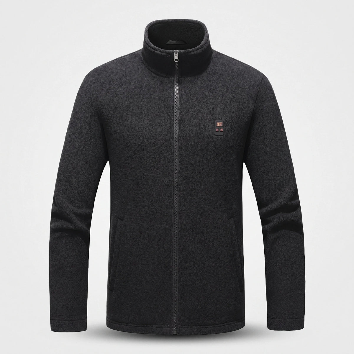 Veste polaire chauffante noire vue de face : col montant, boîtier à écran sur la poitrine