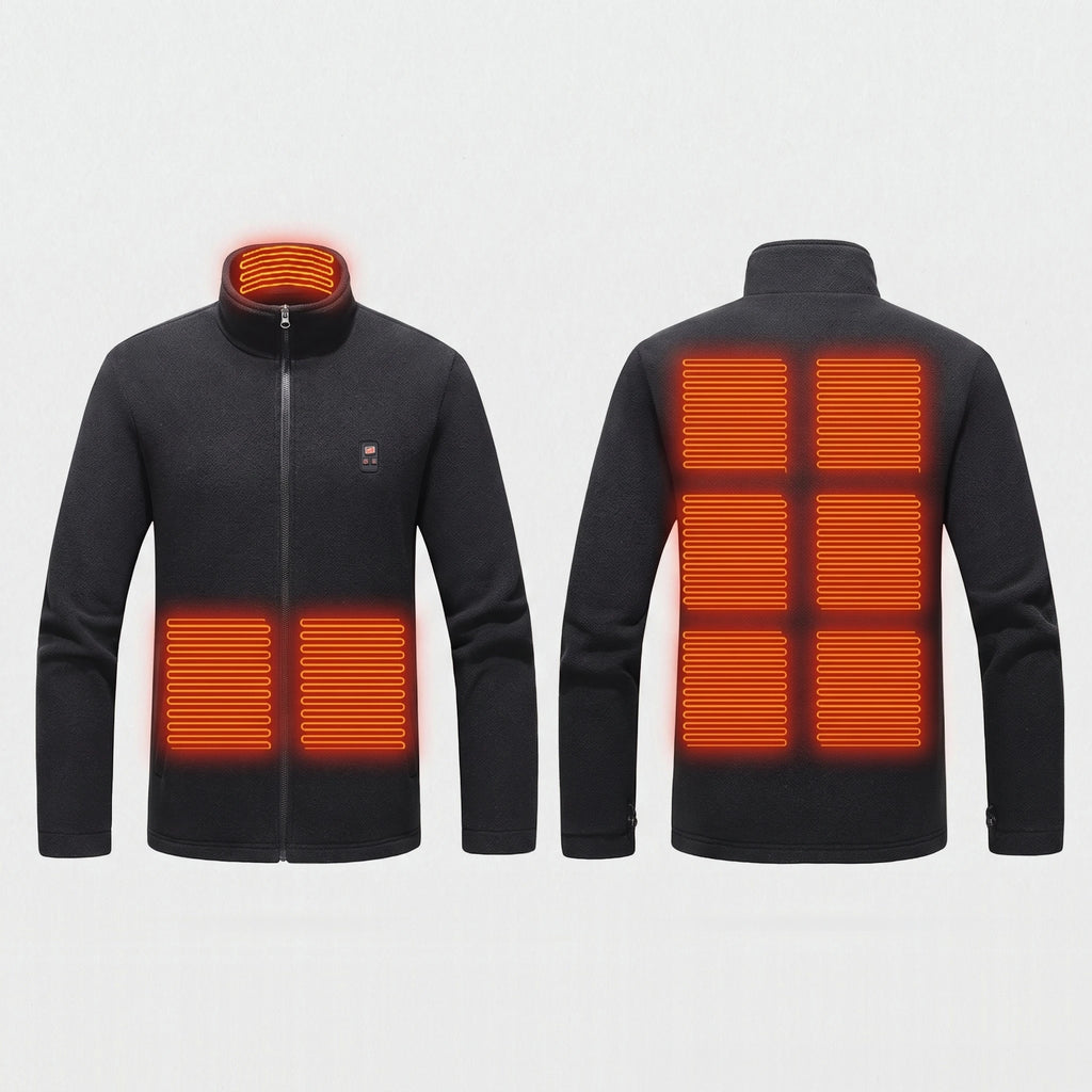 Les 9 zones chauffantes de la veste : col, deux au ventre, six au dos