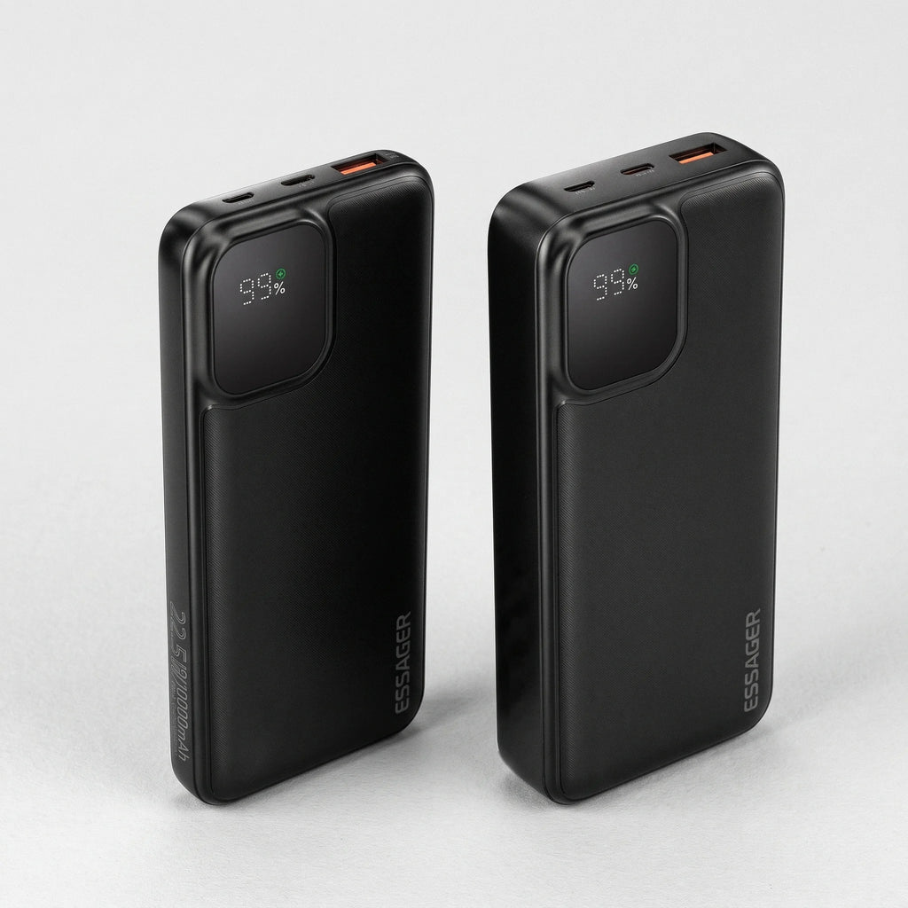 Batteries externes 10 000 mAh et 20 000 mAh côte à côte : la 20 000 mAh est plus épaisse