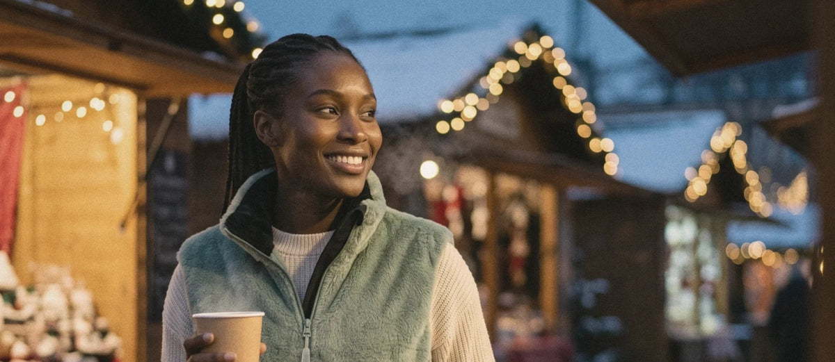 Femme souriante en gilet chauffant polaire, un café à la main, sur un marché de Noël le soir