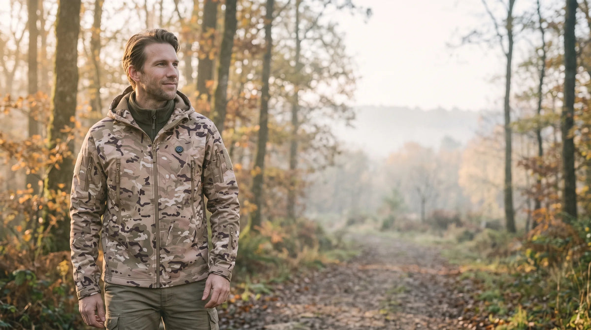 Veste de chasse chauffante à capuche, camouflage ou vert armée